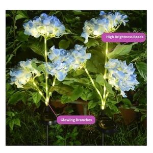 Solar-Powered Blue Hydrangea Garden Lights Set Of 3 NIB